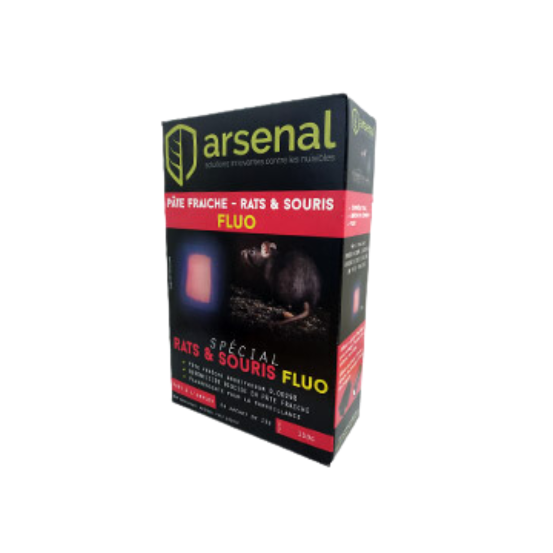 Pâte fraîche fluo Arsenal pour rats et souris, appât puissant et traçable pour le contrôle des rongeurs.