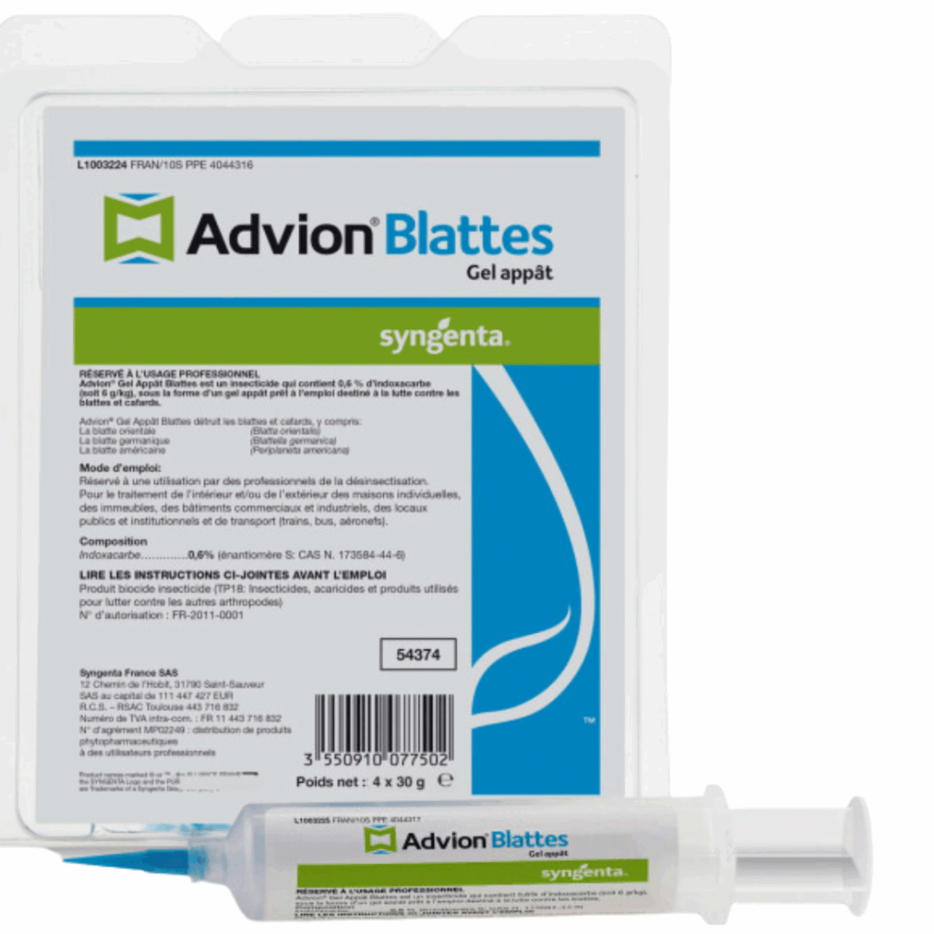 Lot de 4 tubes de 30g de gel Advion pour le contrôle des blattes, avec une efficacité ciblée contre toutes les espèces de blattes.