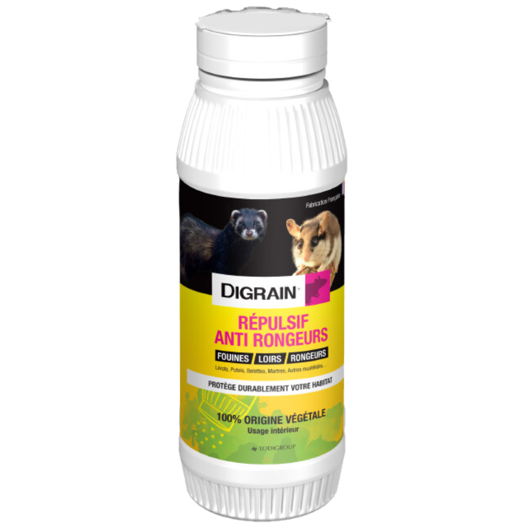 Digrain répulsif anti-rongeurs en poudre 500g, efficace pour éloigner les rats et autres rongeurs des zones sensibles.