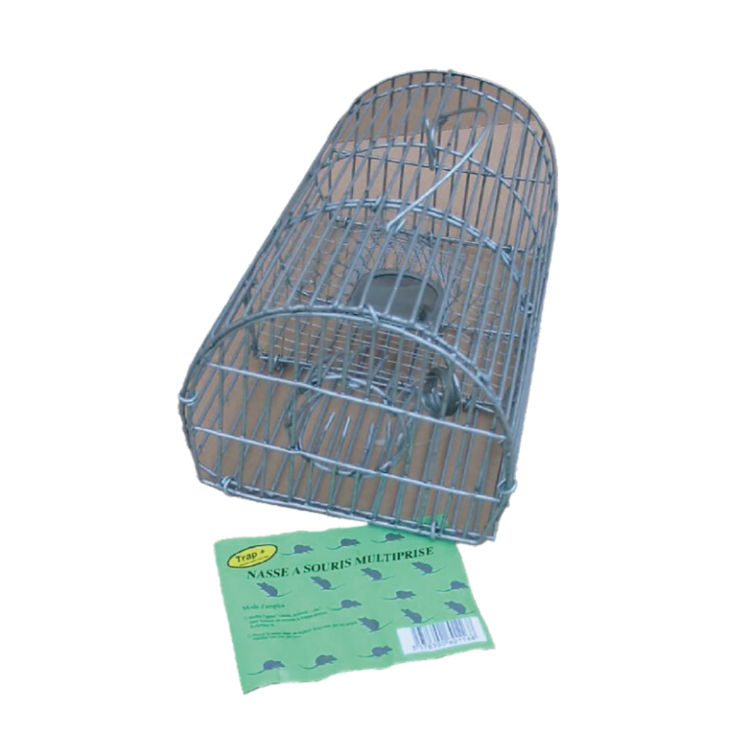 Nasse à souris demi-ronde en métal galvanisé, conçue pour capturer les souris vivantes avec un mécanisme de bascule à contrepoids, idéale pour l'intérieur et l'extérieur.