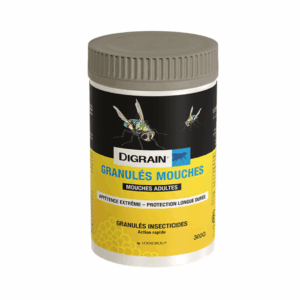 Granules Digrain pour éliminer les mouches, traitement efficace contre les infestations dans les espaces extérieurs et intérieurs.