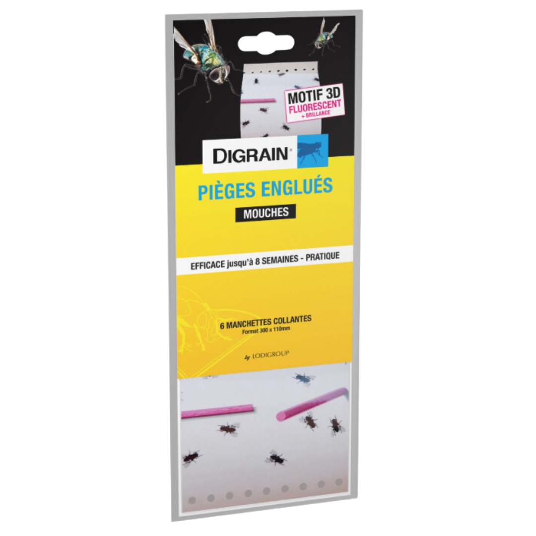 Pièges englués Digrain pour capturer les mouches, efficace pour réduire les infestations en intérieur et extérieur.