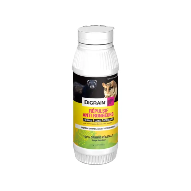 Digrain répulsif anti-rongeurs en poudre 500g, efficace pour éloigner les rats et autres rongeurs des zones sensibles.